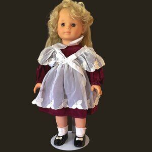 vintage‎ Gotz baby doll blonde hazel brown burgundy dress +apron 18"